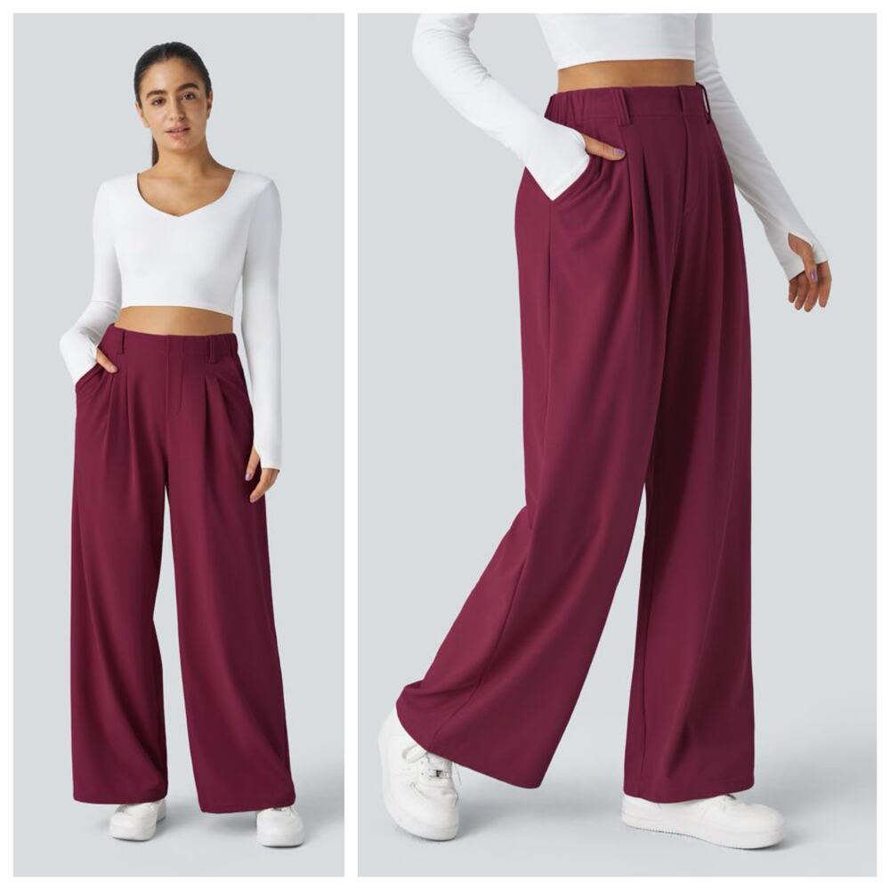 HALARA Women's Wide-Leg Pants in Burgundy Comfy and Flowy Work Wear